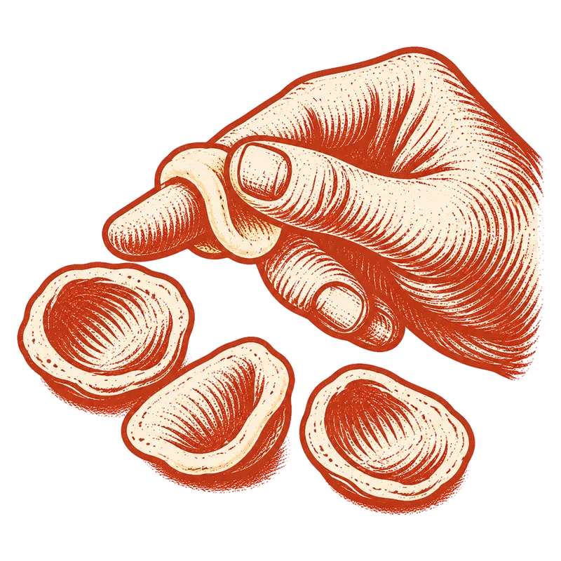 Illustrazione: orecchiette classiche e il dito che le rivolta